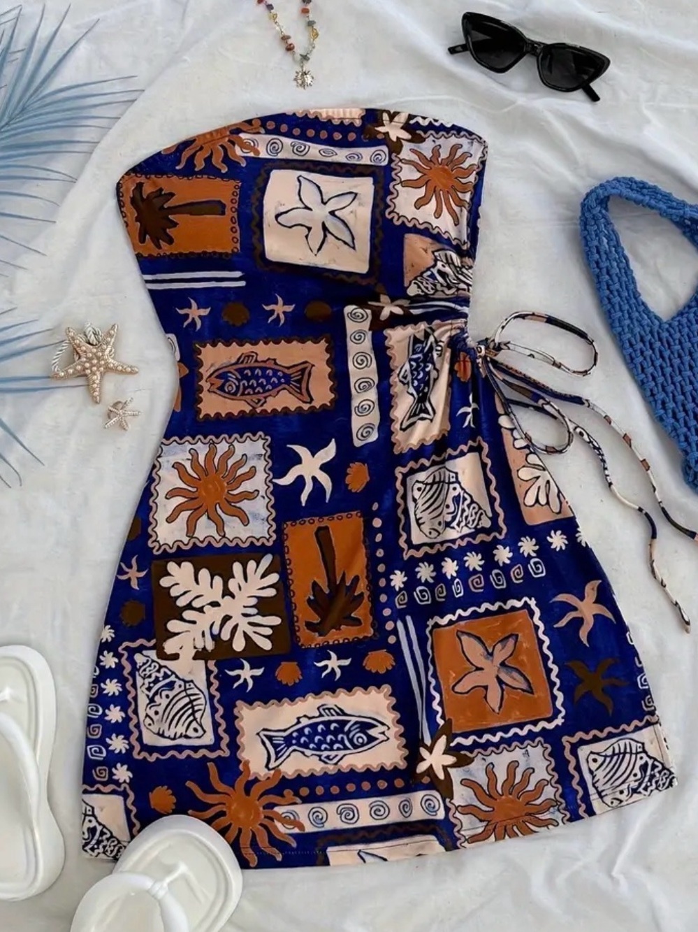 Women’s Strapless Blue & Tan Print Summer Dress